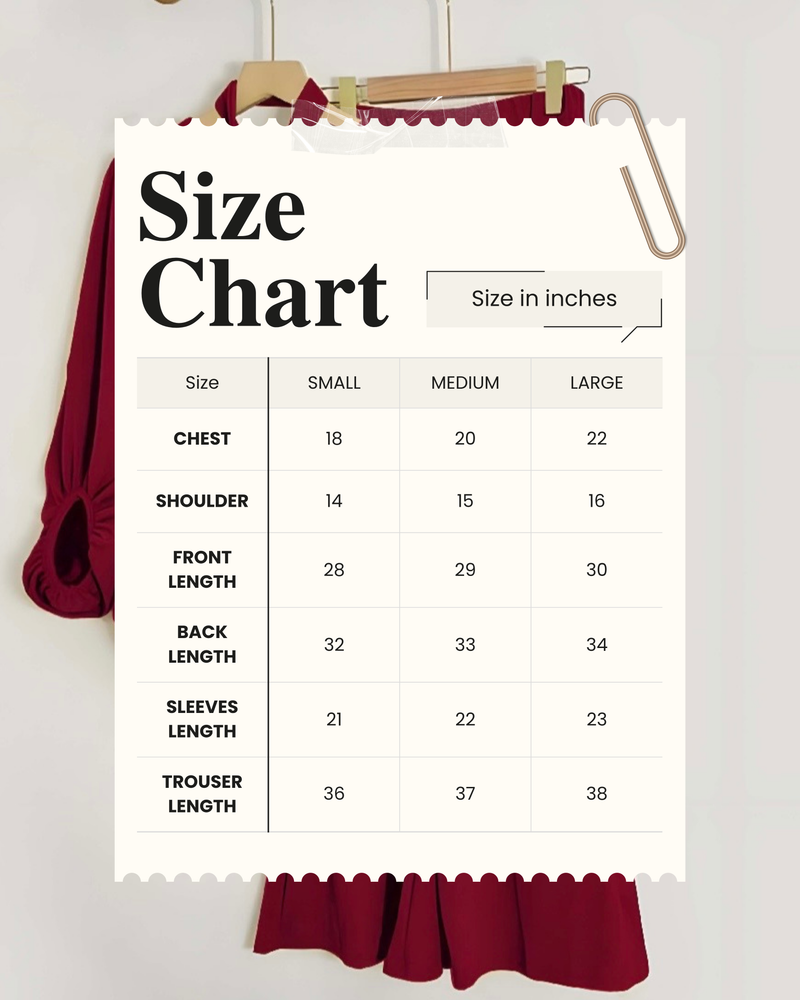 Size chart for Royal Bliss | Trendy 2 Piece